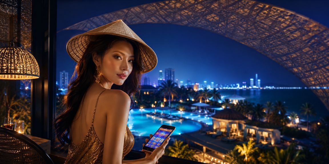 Người dùng tại Mũi Né đang kiểm tra thông tin giao dịch trên điện thoại trong không gian nghỉ dưỡng ven biển